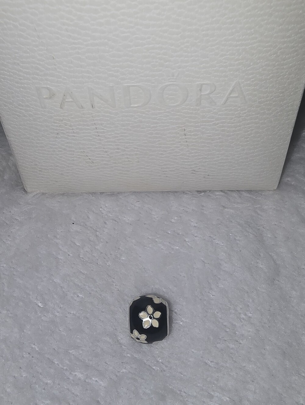 Pandora Black Glass Charm with Silver Flower Accents
